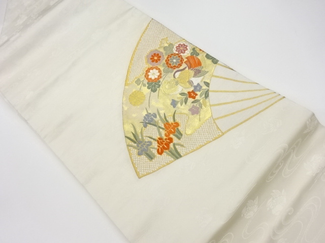 リサイクル　引箔扇に花々・鴛鴦模様織出し名古屋帯